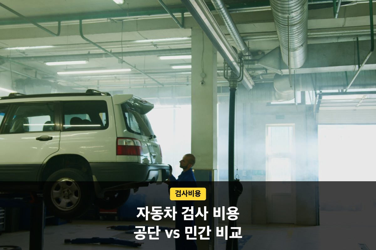 검사장 리프트에 올려진 흰색 SUV와 검사 비용 비교 문구