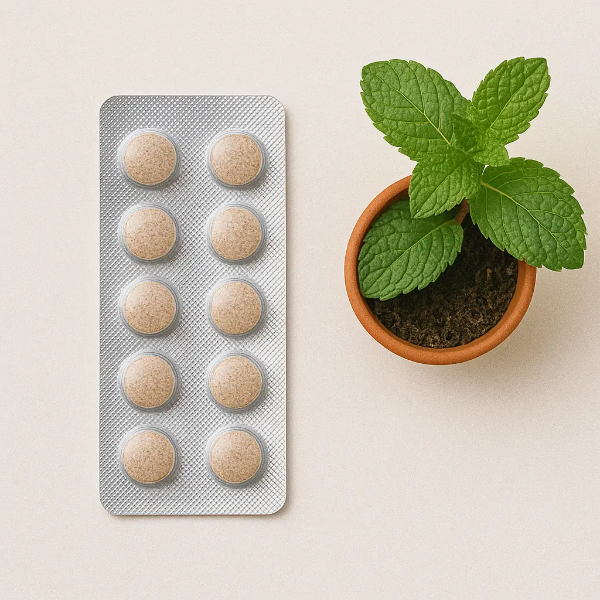 위장 건강을 위한 영양제와 천연 민트 화분 이미지