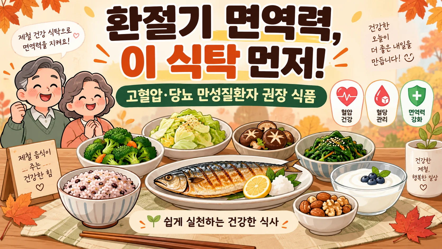 환절기 면역력을 지켜주는 제철 건강 식탁 이미지. 브로콜리, 양배추, 표고버섯, 시금치, 등푸른생선과 잡곡밥 등이 놓인 상차림과 함께 '제철 건강 식탁으로 면역력을 지켜요!'라는 문구가 적혀 있으며, 혈압 건강, 혈당 관리, 면역력 강화 아이콘이 함께 표시되어 있습니다.