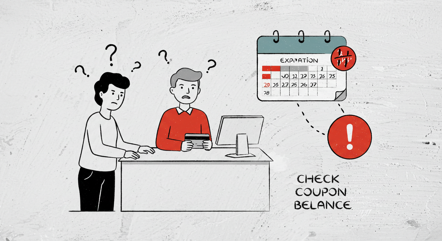 소비쿠폰 잔액 확인을 하지 않아 결제가 거절된 상황을 표현한 일러스트