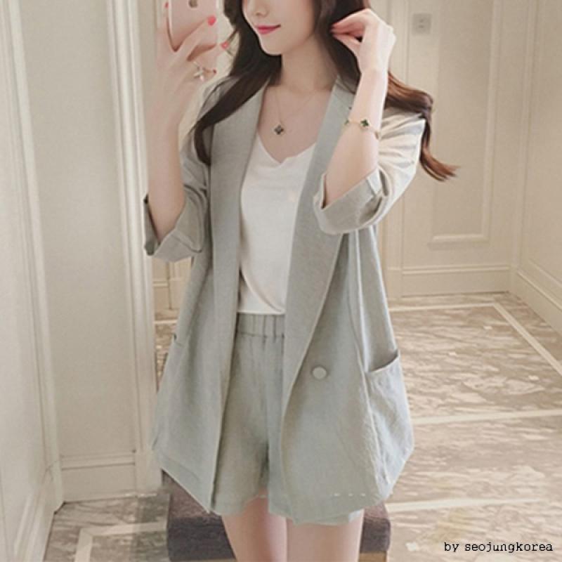 여성 투피스 정장 세트 여자 여름 린넨 자켓 반바지