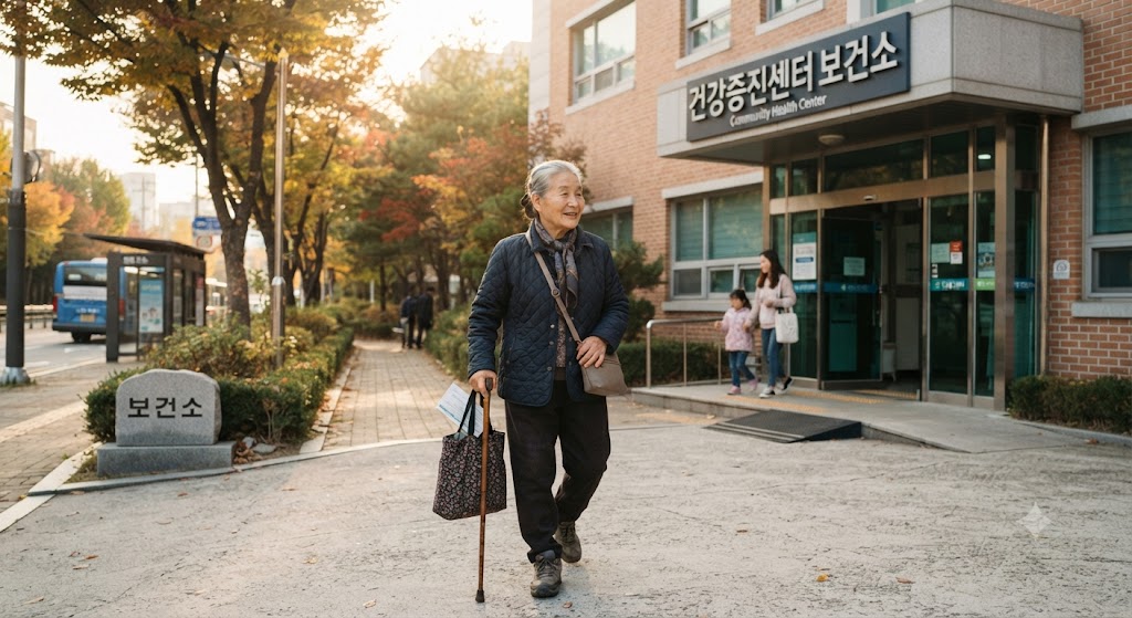 지팡이를 들고 있는 할머니가 보건소에 방문하는 모습