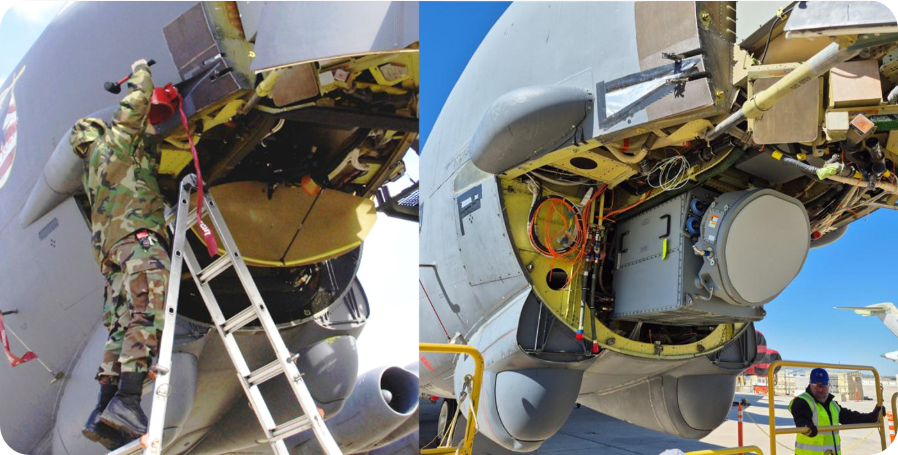 노즈콘에 있는 AN/APQ-166 레거시 레이다(왼쪽)와 AN/APQ-188 AESA 레이다(오른쪽)