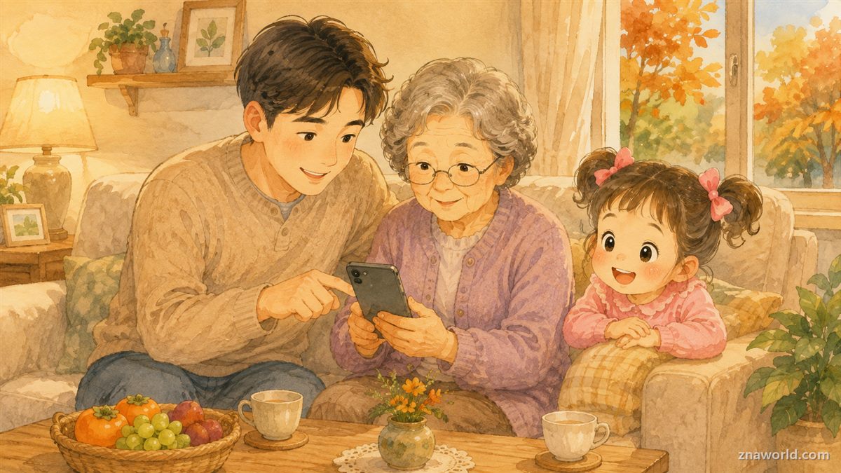 할머니 핸드폰에 스미싱 예방 설정을 해주는 가족 일러스트