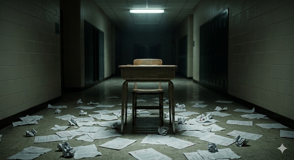 Alt text: A solitary desk in the middle of a cold school hallway with scattered test papers on the floor, symbolizing academic pressure and isolation.