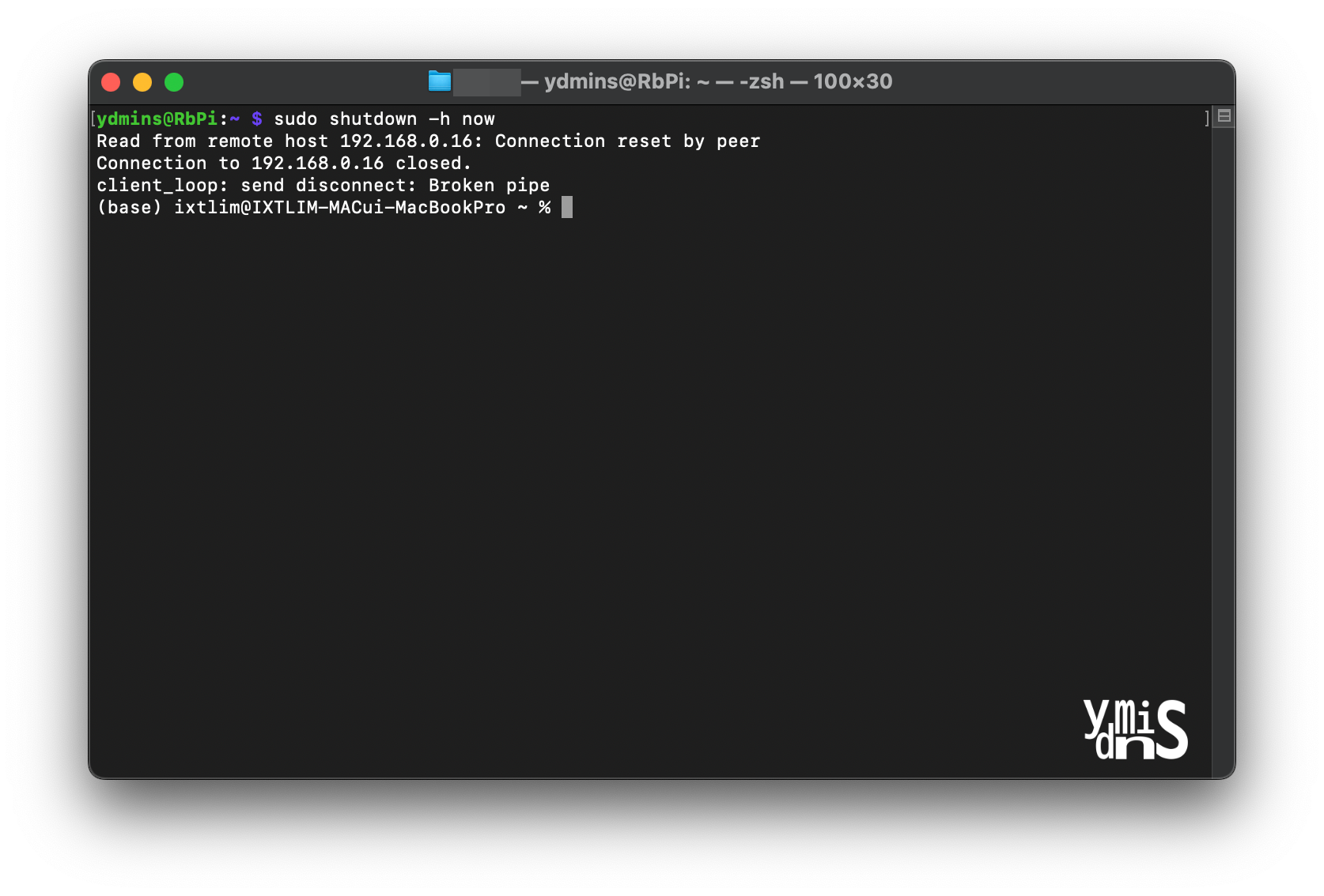 Personal Server Build - Raspberry Pi SSH Connection - 종료 명령어를 입력한 모습이다.