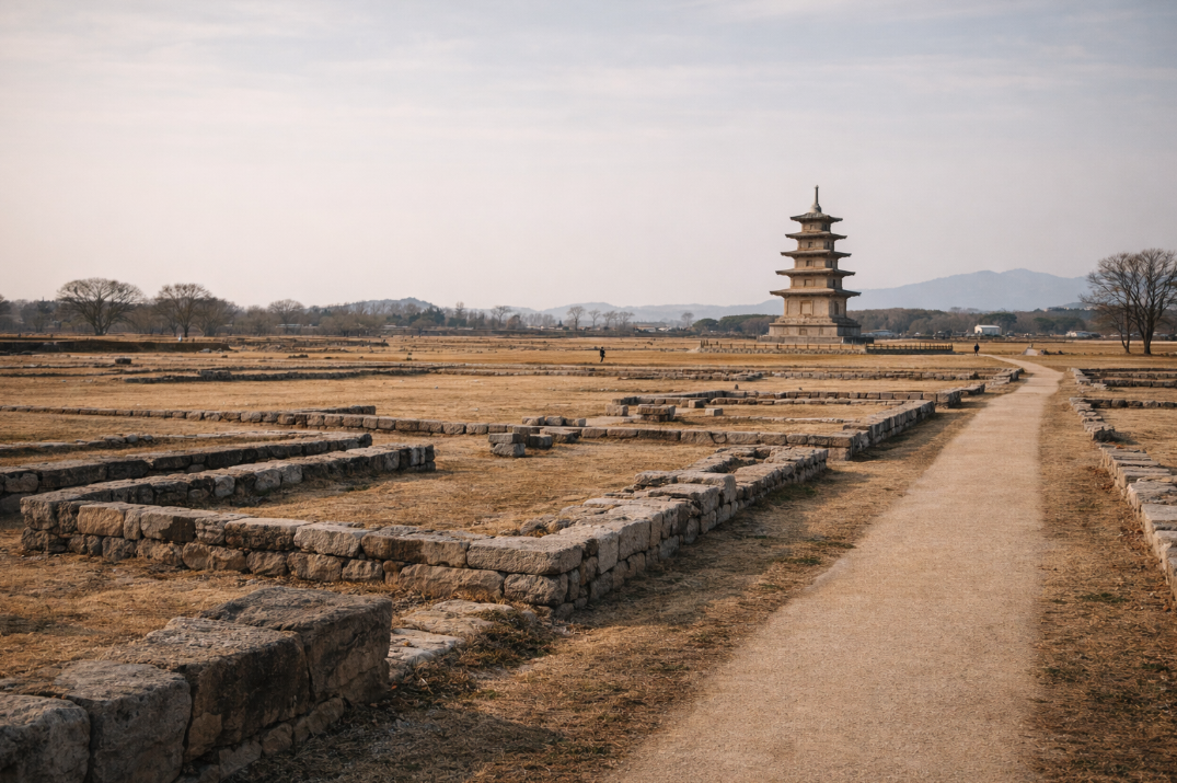 익산 왕궁리유적의 넓은 터와 낮은 유적 흔적, 멀리 석탑이 함께 보이는 모습