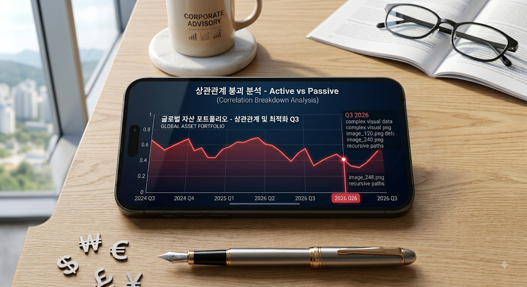 금요일 오전 오피스 데스크 위 스마트폰 화면에 선명하게 찍힌 액티브 ETF 상관계수 0.7 붕괴 곡선 및 거래소 상장폐지 심사 기준 비교 차트