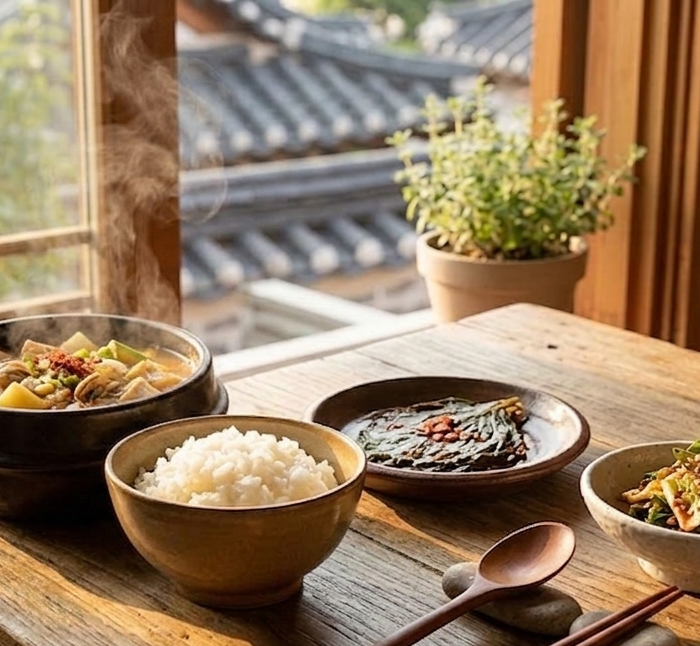 따뜻한 김이 피어오르는 뚝배기 국물 요리와 정갈한 깻잎장아찌, 갓 지은 쌀밥이 놓인 나무 식탁. 오후의 햇살이 창가를 통해 들어오는 평온한 한 상 차림.
