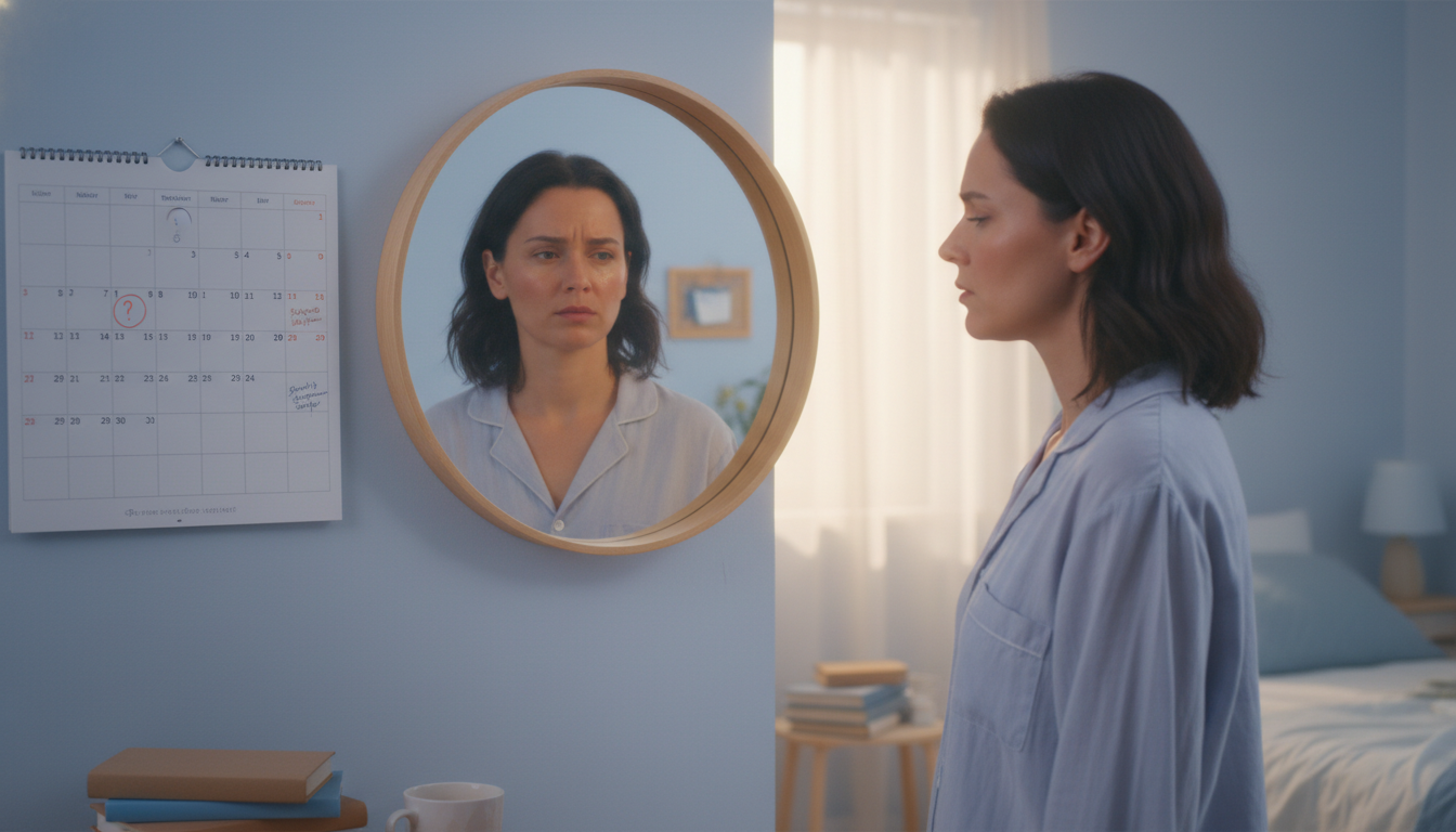 호르몬 변화로 인해 피로와 감정 기복을 느끼며 달력을 보고 있는 여성