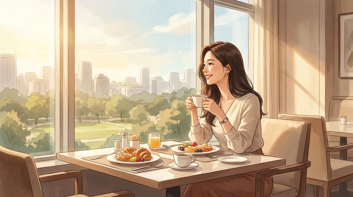 호텔 조식에서는 창가자리를 먼저 선호