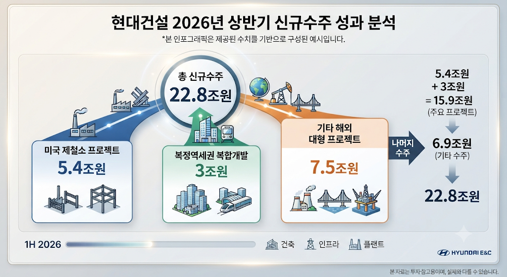현대건설 2026년 상반기 신규수주 22.8조원과 주요 대형 프로젝트를 보여주는 수주 분석 이미지