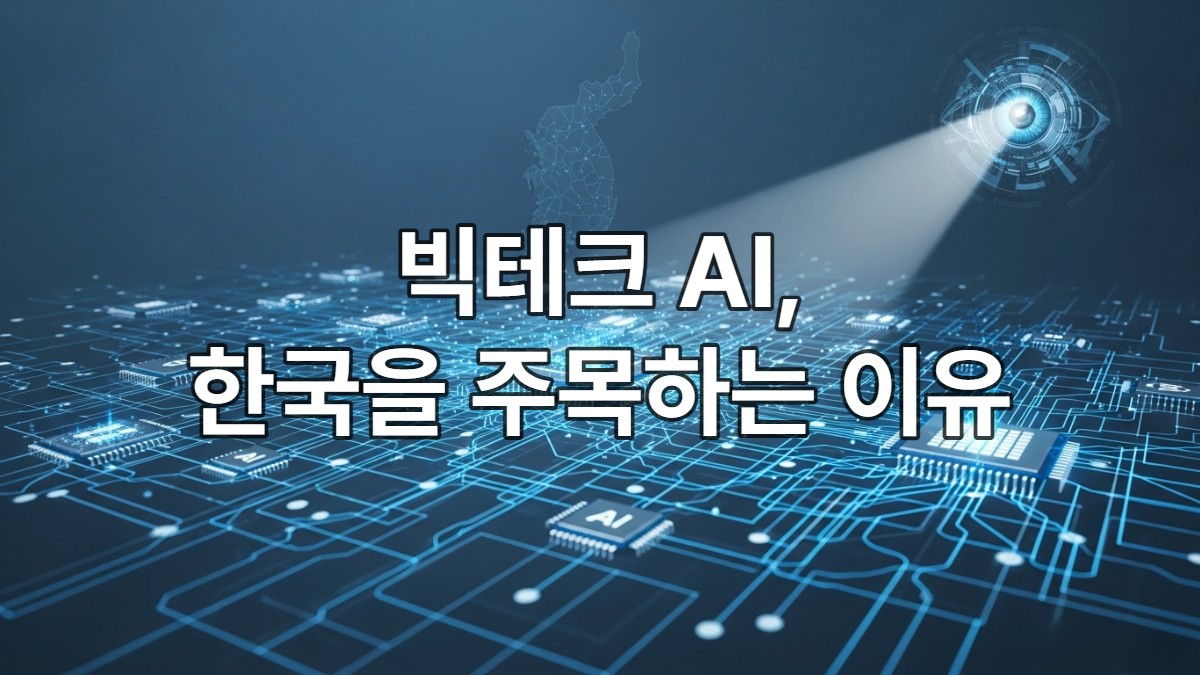 미국 빅테크 AI 기업들이 한국의 데이터, 반도체, 인재 역량에 주목하는 모습을 형상화한 미래지향적 이미지