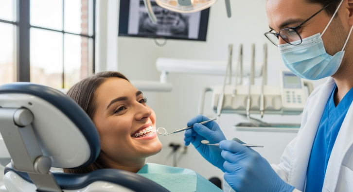 치과 의사가 환자의 치아와 고정식 유지장치 상태를 정기적으로 검진하는 모습. 평생 유지 관리를 위한 치과 방문의 중요성을 나타냅니다.