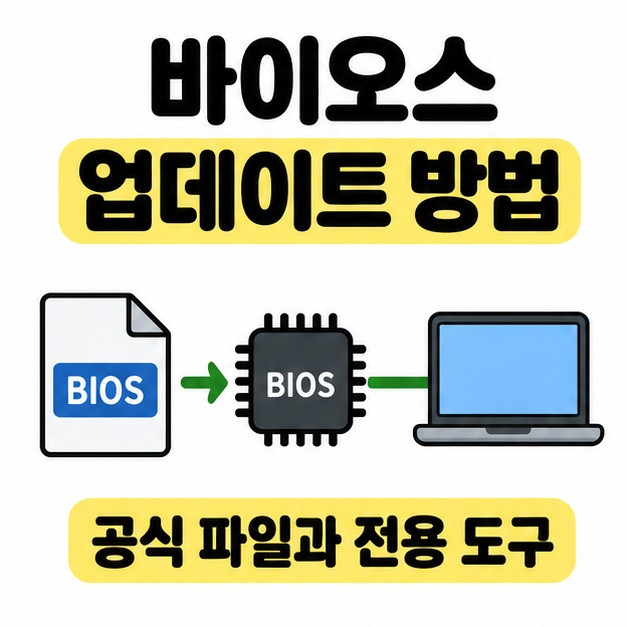 바이오스 업데이트 방법 제목 아래 공식 BIOS 파일에서 펌웨어 칩과 노트북으로 이어지는 연결 도식