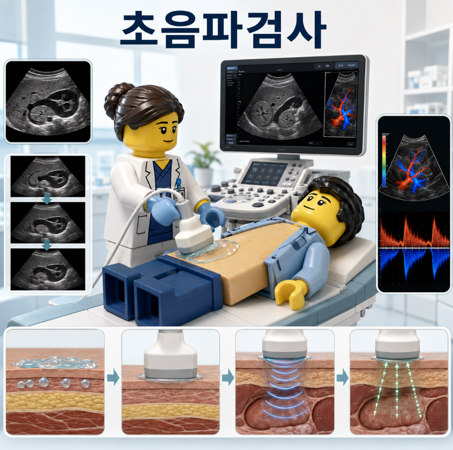 초음파검사에서 장기 구조와 움직임, 컬러 도플러 혈류를 확인하는 의료진과 환자 의료 인포그래픽