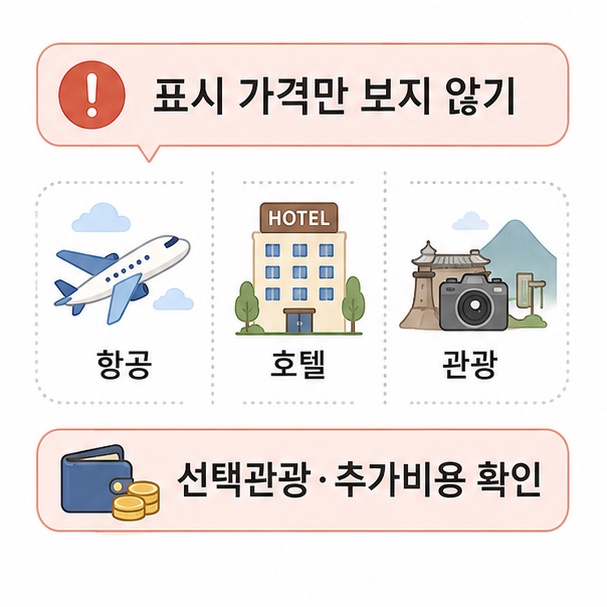 해외여행 패키지 예약 시 표시 가격뿐 아니라 항공, 호텔, 선택관광, 추가비용을 비교해야 함을 설명한 이미지