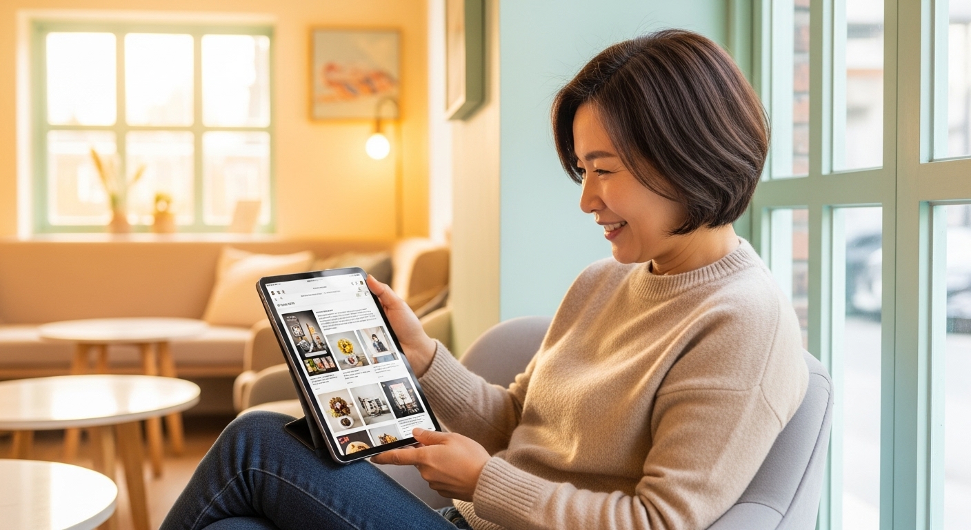 50대 한국 여성이 블로그 콘텐츠를 보는 장면