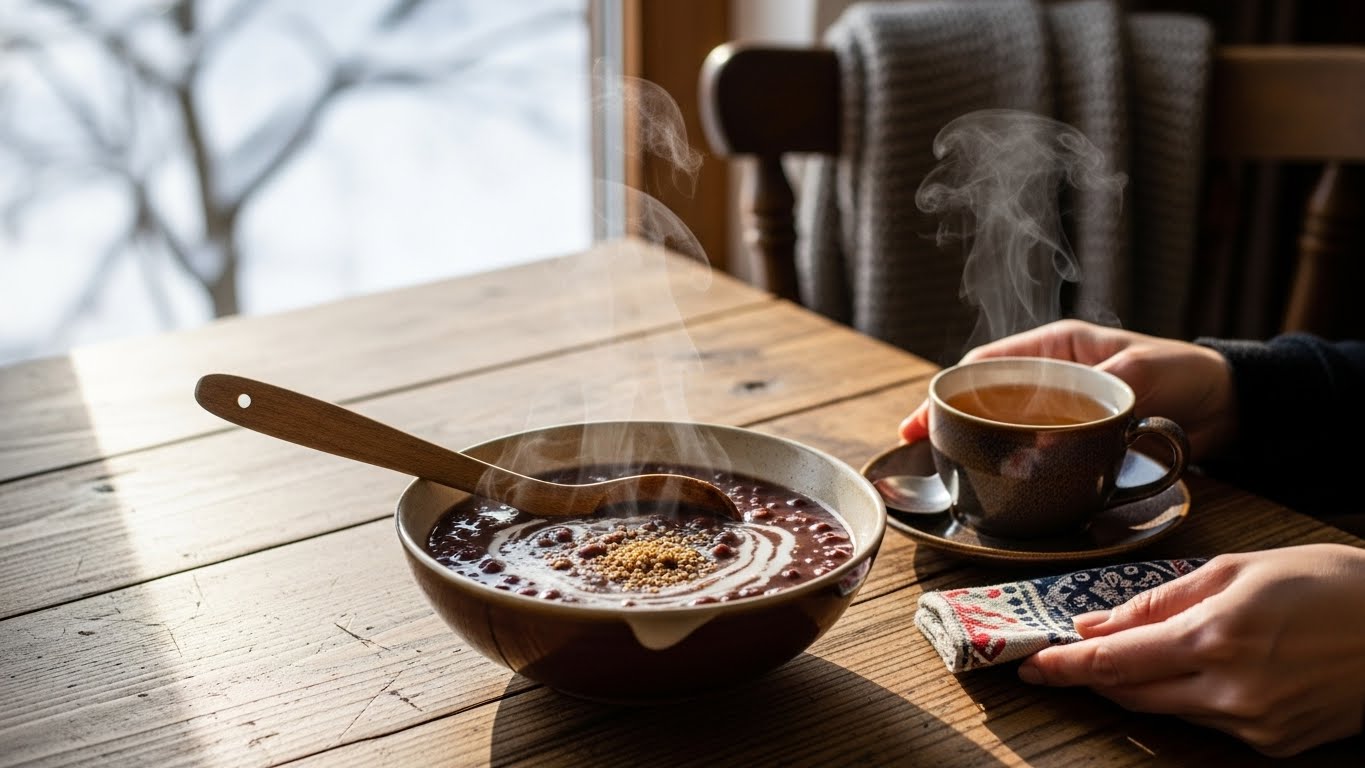 동지에 집에서 끓인 따뜻한 팥죽 한 그릇