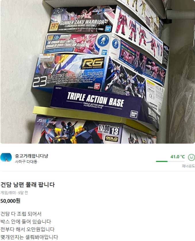 당근마켓 남편 몰래 건프라 팔아버린 아내