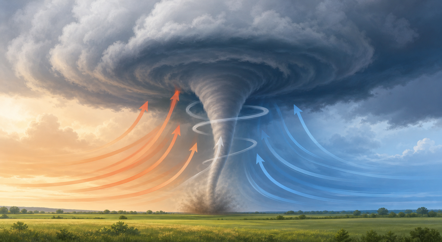 Educational illustration showing a tornado forming under a storm cloud