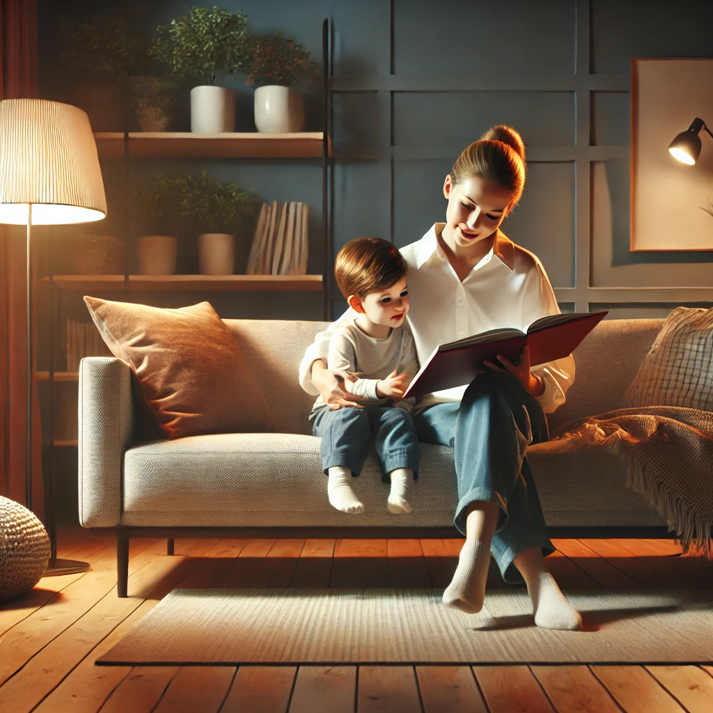 현대적인 거실의 소파에 앉아 있는 엄마와 아이의 하이퍼리얼리즘 장면. 엄마는 아이에게 사랑스럽게 동화책을 읽어주고 있으며&amp;#44; 아이는 엄마에게 기대어 따뜻한 조명과 현대적인 인테리어로 둘러싸여 있습니다