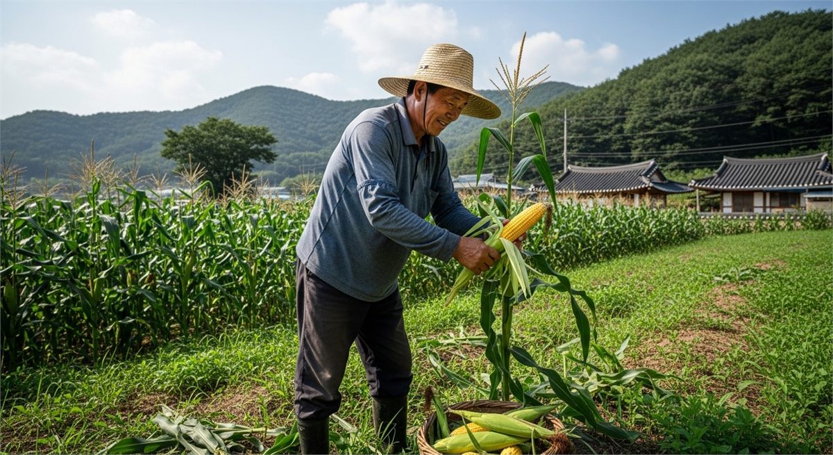여름철 옥수수를 수확하는 한국인 농부의 모습 