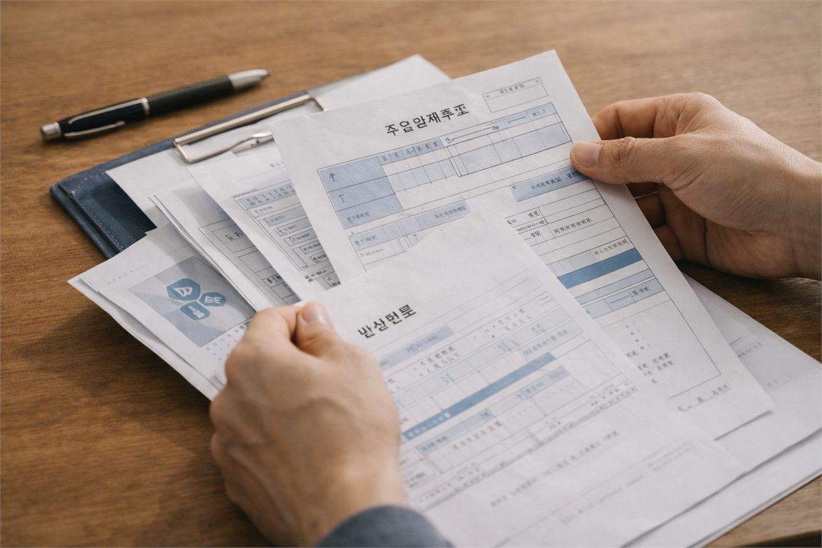 책상 위에서 주민등록과 보험 관련 서류를 정리하는 손의 클로즈업 