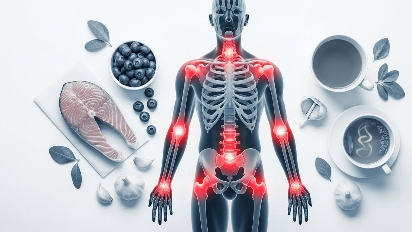 사람인체3d사진-여러군에 빨깧게 마크가 되어있고- 뒤에는 여러 몸에 좋은듯산 음식들이있다