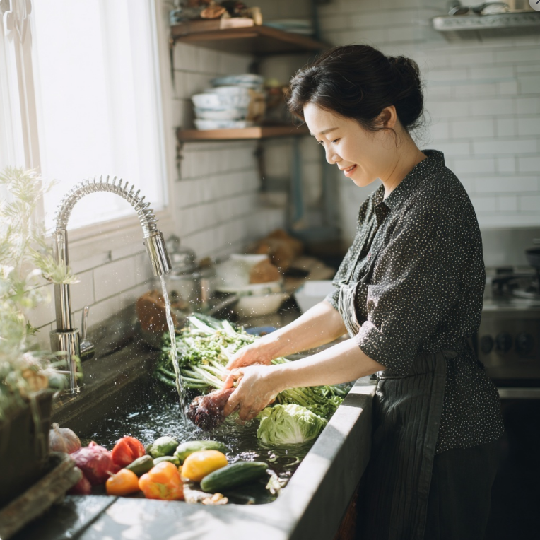 봄나물 씽크대에서 씻는 모습