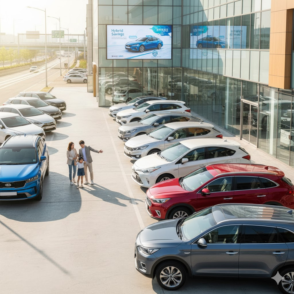 중고차 전시장에 나란히 주차된 다양한 하이브리드 차량들, 가족이 차량을 둘러보고 있는 이미지.