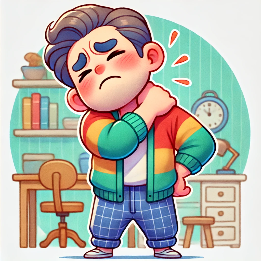 남자가 목과 어깨를 아파하며 찡그린 표정의 일러스트