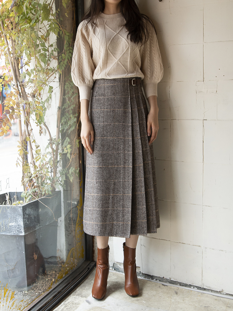 플리츠 코디 모직 체크 주름 스커트
