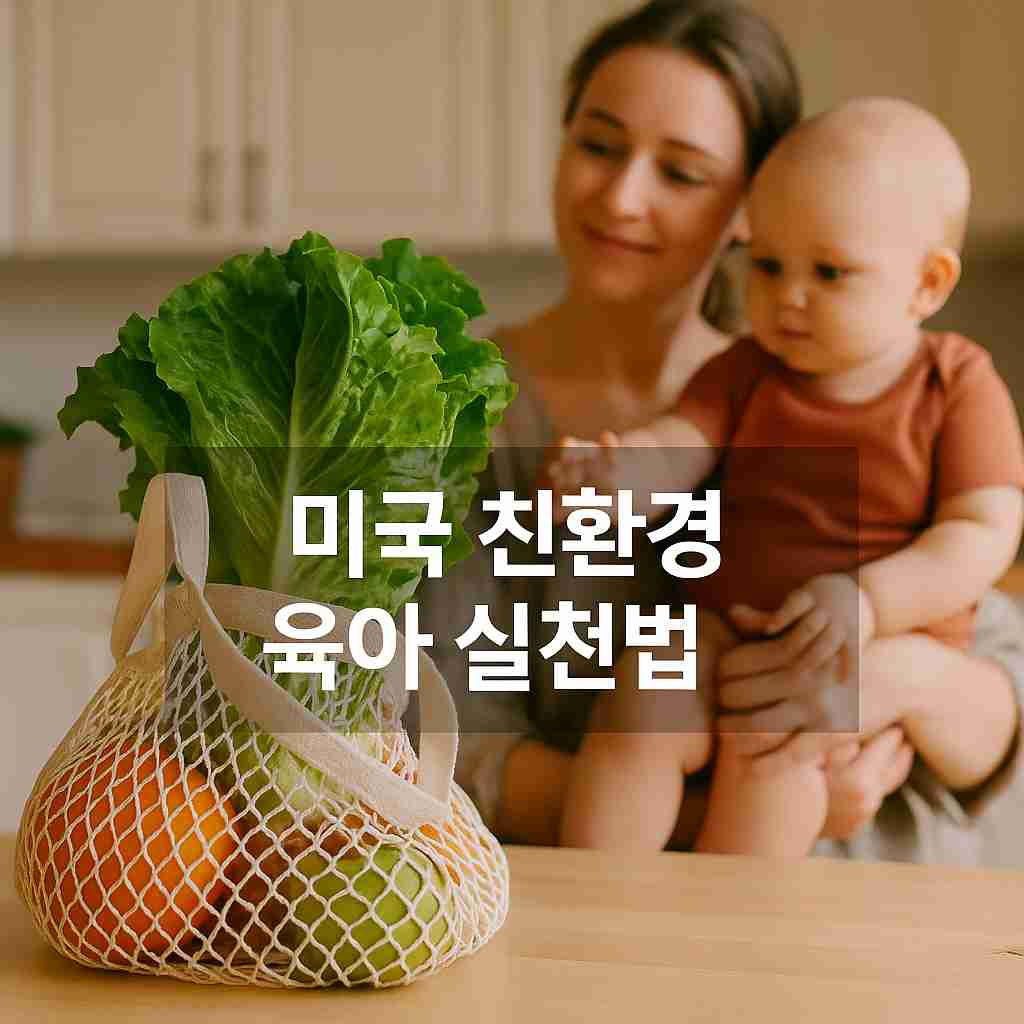아기를 안은 엄마가 친환경 메시지가 담긴 채소 가방을 바라보고 있다. 그물망 장바구니 안에는 신선한 채소와 과일이 담겨 있고, 가운데에 '미국 친환경 육아 실천법'이라는 텍스트가 배치되어 있다. 따뜻하고 자연스러운 주방 분위기가 느껴진다.