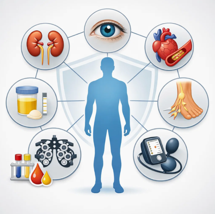 당뇨 환자에서 신장&middot;눈&middot;심장&middot;신경&middot;혈압&middot;혈액 검사를 포함한 전신 합병증 방어를 위한 통합 관리 개념도