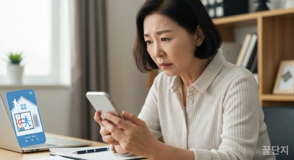 딸이 스마트폰으로 부모님 댁의 AI 낙상 감지 시스템 알림을 확인하며 걱정하는 모습