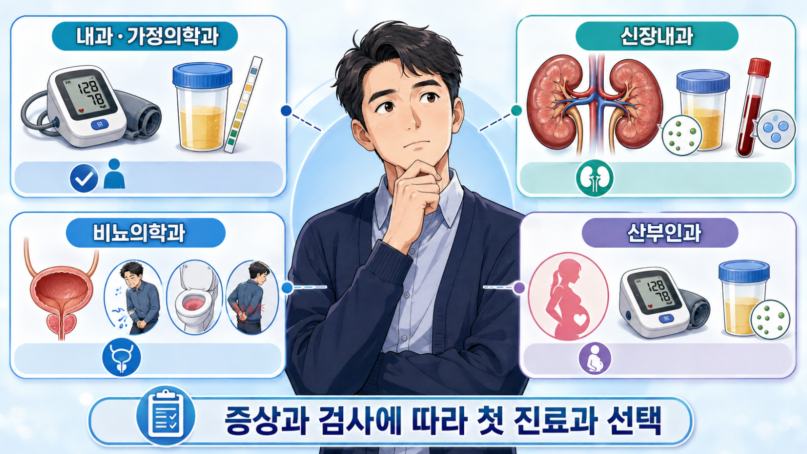 반복되는 거품뇨에서 내과·가정의학과·신장내과·비뇨의학과·산부인과 선택을 설명하는 이미지