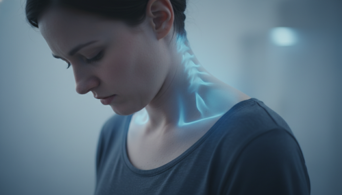 스트레스로 인해 뭉친 목과 어깨 근육을 보여주는 이미지