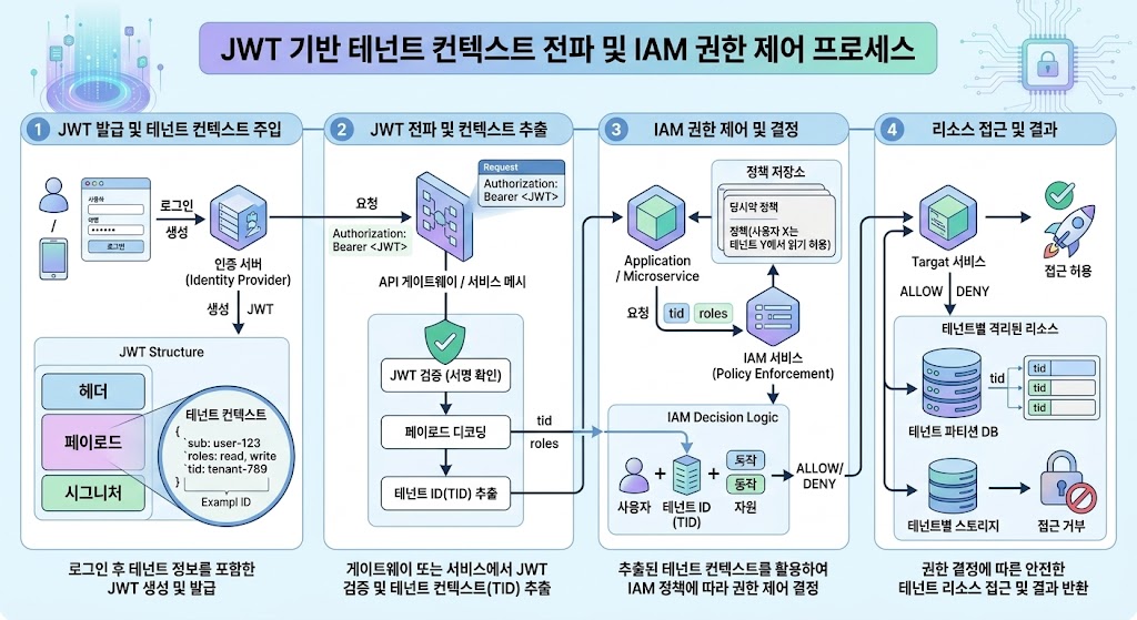 JWT 토큰에서 추출된 Tenant ID 가 Lambda 를 거쳐 AWS STS 권한을 획득하고 데이터베이스에 접근하는 보안 흐름도