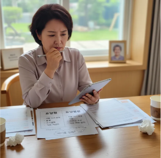 요양원과 요양병원의 서비스 차이와 비용 구조를 비교하며 부모님을 위한 최적의 시설을 고민하는 보호자의 모습