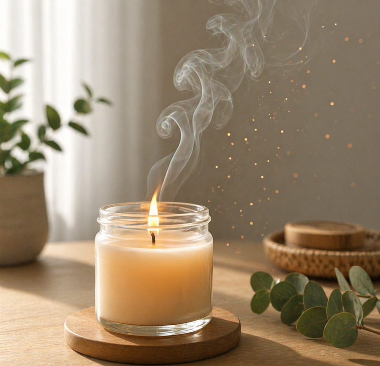 &ldquo;실내에서 사용하는 향초 이미지로, 은은한 촛불과 연기가 올라가는 장면과 함께 방향제, 인센스 등 실내 공기와 관련된 생활용품 분위기를 보여주는 사진&rdquo;