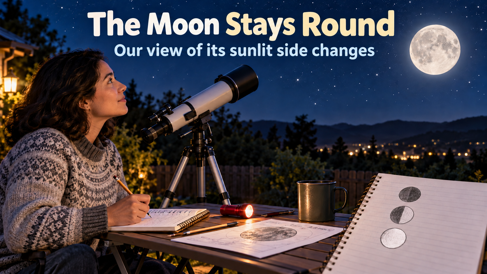 A learner observes a full Moon with a telescope and records Moon sketches.