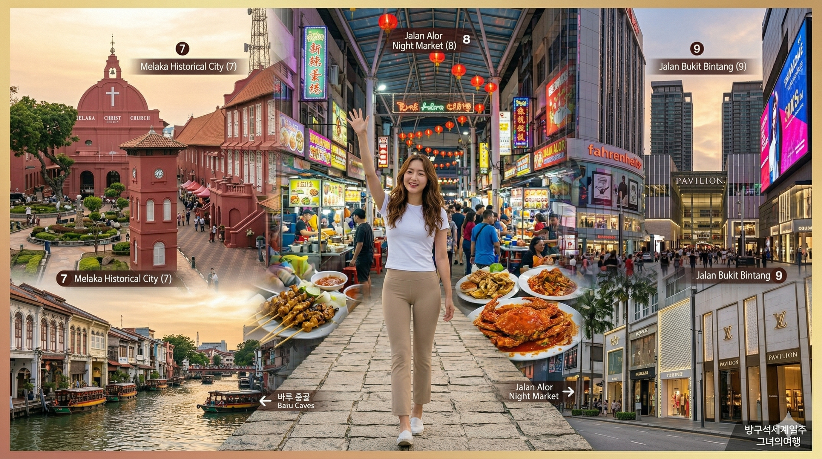 말레이시아의 3개 핵심 여행지가 역동적으로 합성된 파노라마 이미지. 중앙에는 배낭을 메고 카메라를 든 여성 여행자의 전신 앞모습이 서 있다. 그녀는 흰색 반팔티와 베이지색 레깅스를 입고 카메라를 향해 환하게 웃으며 오른손을 흔들고 있다. 그녀의 좌측으로는 멜라카 역사 지구 (7)의 붉은 건축물들이, 우측으로는 잘란 부킷 빈탕 (9)의 쇼핑몰들과 네온사인이, 그리고 하단으로는 잘란 알로 야시장 (8)의 포장마차와 Red Lantern들이 마치 그녀가 걸어오는 길에 펼쳐진 것처럼 교차되어 합성되었다. 각 명소에는 한국어와 영문으로 이름이 적혀 있으며, 오른쪽 하단에는 '방구석세계일주 그녀의여행'이라는 문구가 작게 새겨져 있다.
