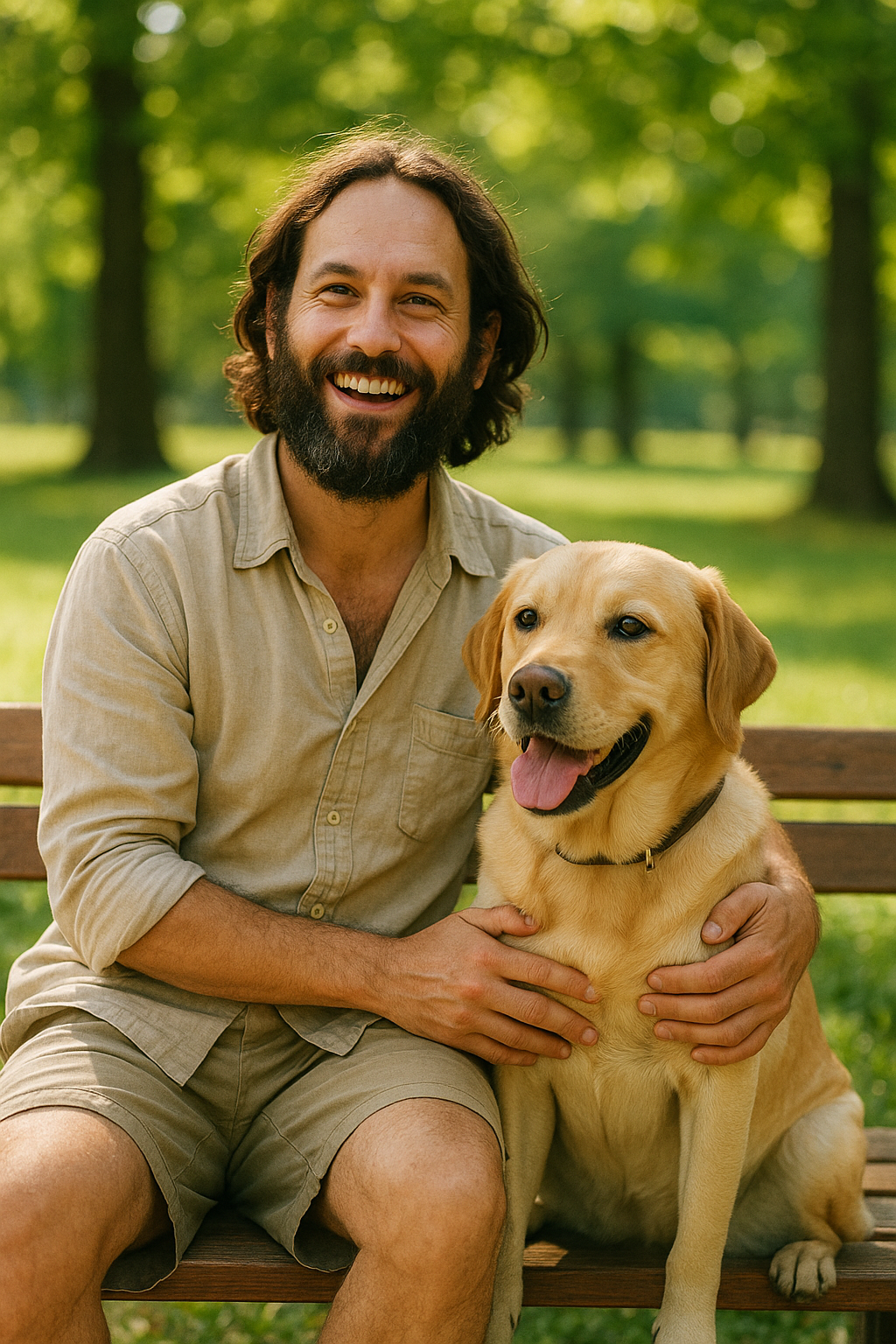 공원 벤치에서 강아지와 함께 앉아 환하게 웃고 있는 수염난 남자. 편안한 복장과 배경의 초록 나무가 조화를 이루며 따뜻한 분위기를 자아냄.