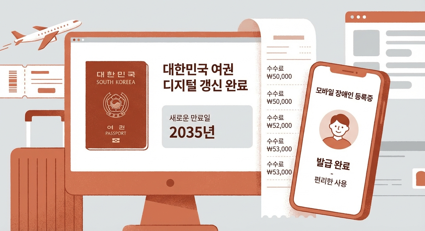 스마트폰 화면에 표시된 모바일 장애인등록증과 업데이트된 여권 수수료 영수증, 편리해진 디지털 행정을 나타내는 이미지