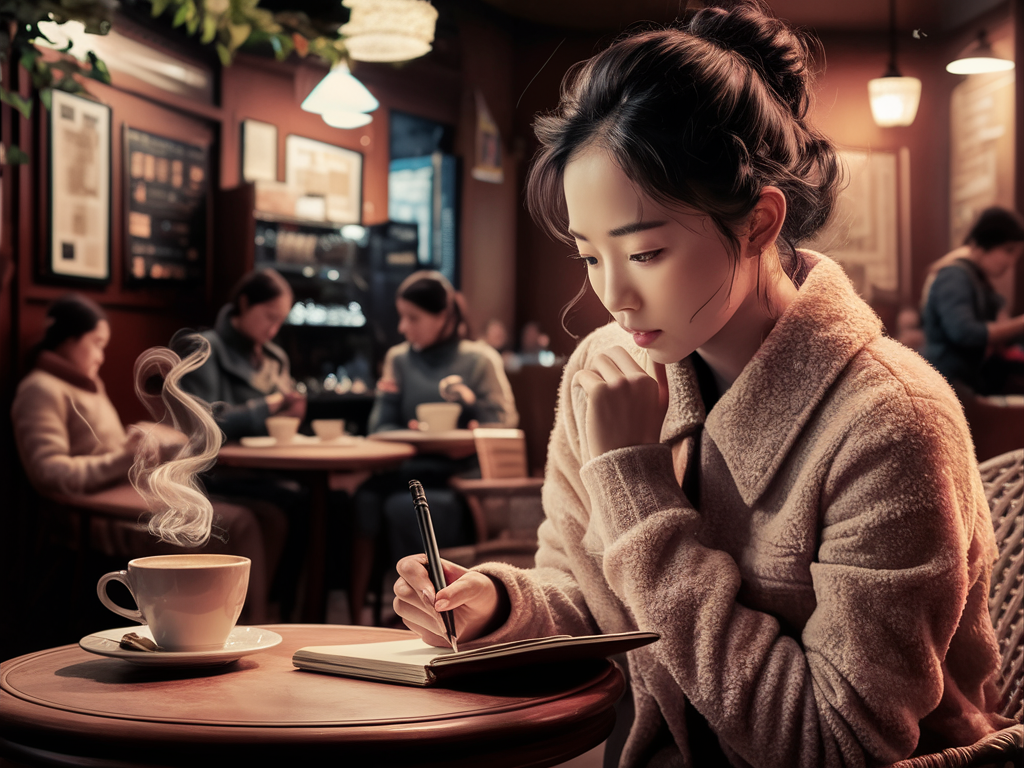 조용한 카페에서 혼자만의 시간을 보내며 내면을 돌아보는 여성의 모습