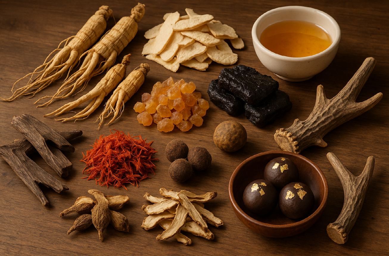 우황청심환, 경옥고, 공진단, 침향환 재료들을 모아둔 사진