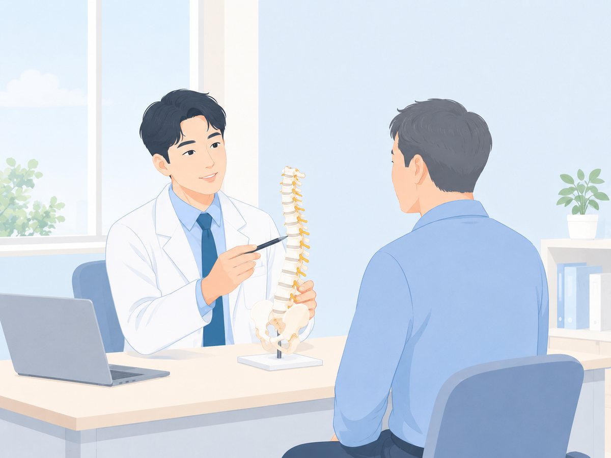 진료실에서 의사가 척추 모형을 가리키며 허리 통증 환자에게 설명하는 장면
