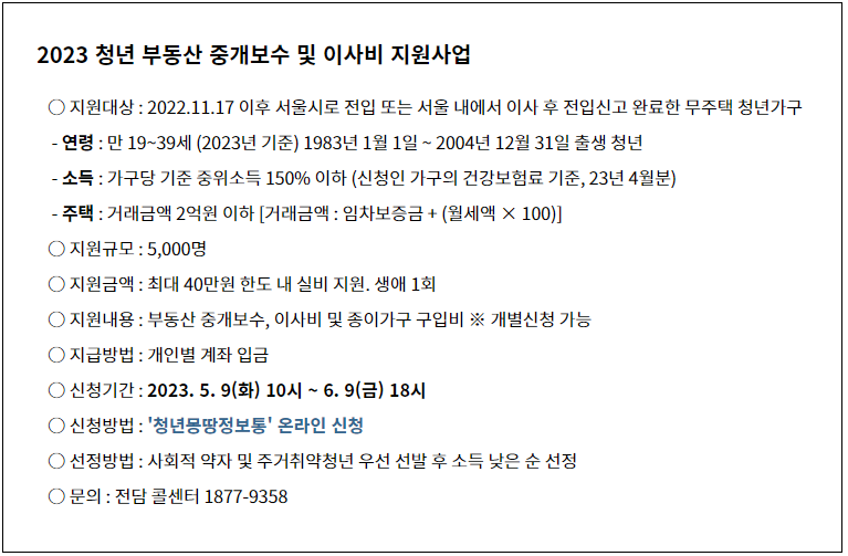 청년부동산 중개보수 이사비 지원사업 개요