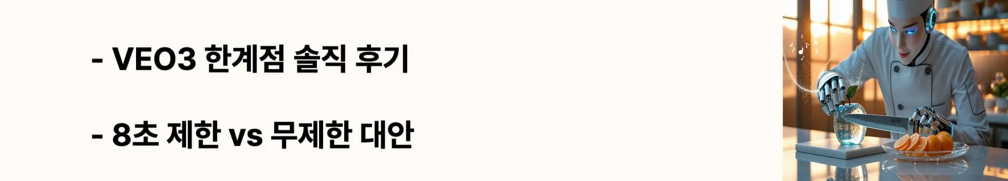 'VEO3 한계점 솔직 후기'와 '8초 제한 vs 무제한 대안'라는 문구가 포함된 웹배너 이미지. 이 이미지는 VEO3의 8초 영상 길이 제한과 다른 AI 도구 대안을 시각적으로 전달하며, 블로그의 AI 도구 한계 분석과 관련된 내용을 설명함 (VEO3 limitations 8seconds alternatives comparison)